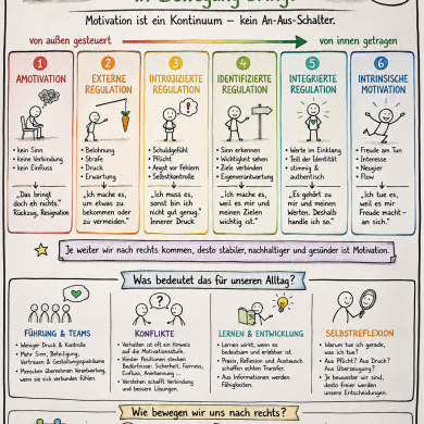 Eine Infografik, die verschiedene Stufen der Motivation darstellt, von äußerem Zwang bis zur intrinsischen Freude.