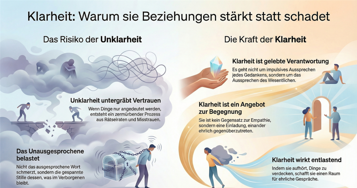 Infografik, die den Unterschied zwischen der negativen Wirkung von Unklarheit und der positiven Stärkung durch Klarheit in Beziehungen darstellt.