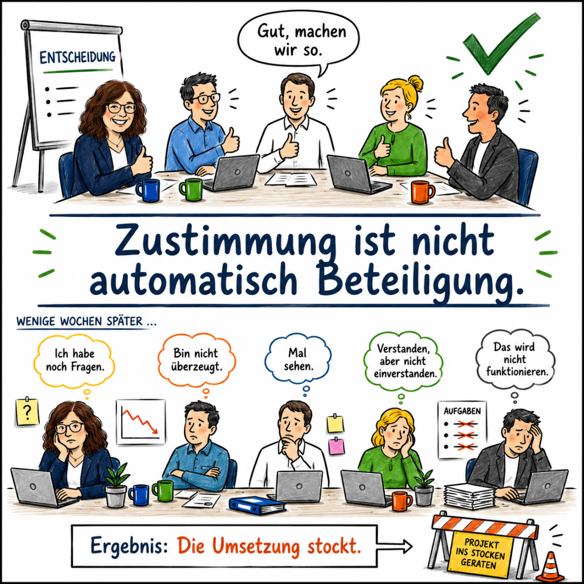 Ein Cartoon vergleicht anfängliche Zustimmung bei einer Entscheidung mit dem späteren Scheitern der Umsetzung aufgrund fehlender Beteiligung.