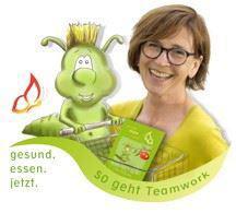 Gesunde Ernährung und Teamarbeit – so geht’s richtig Illustration eines grünen Maskottchens mit einer Frau – gesund essen als Team