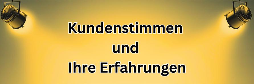  Goldener Hintergrund mit zwei Scheinwerfern und dem Schriftzug „Kundenstimmen und Ihre Erfahrungen“